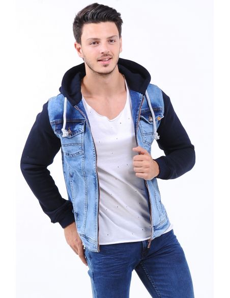 Navy Blue Fleece Sleeve Hooded Zippered Men's Jeans Jacket