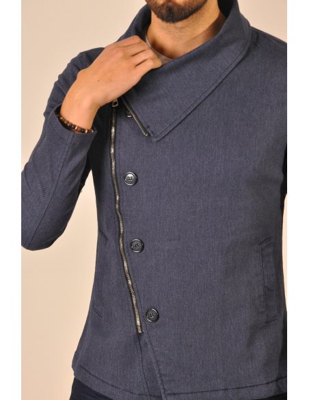 Navy Blue Side Zippered Men Jeans Jacket