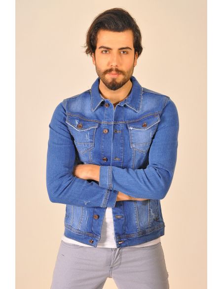 Blouson Jeans Homme Bleu Boutonné