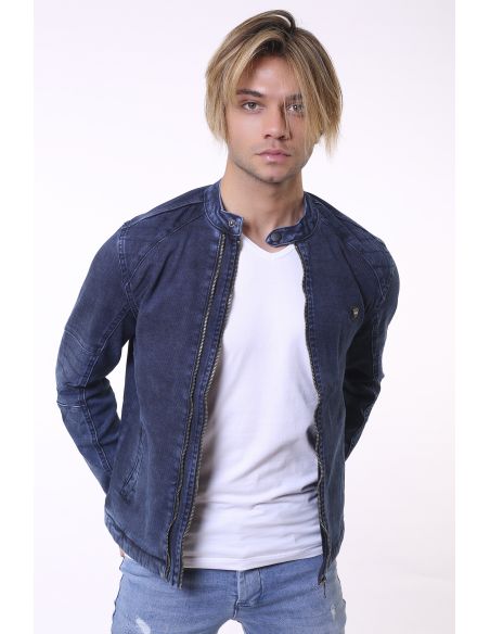 Shoulder Striped Double Zipper Navy Blue Mens Jeans Jacket