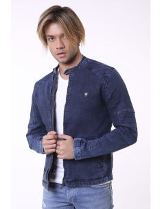 Shoulder Striped Double Zipper Navy Blue Mens Jeans Jacket 2