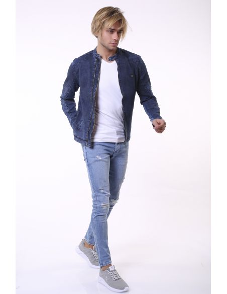 Veste en jean pour hommes à rayures et à épaulettes bleu marine