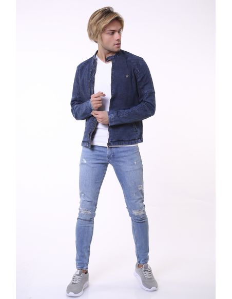 Veste en jean pour hommes à rayures et à épaulettes bleu marine