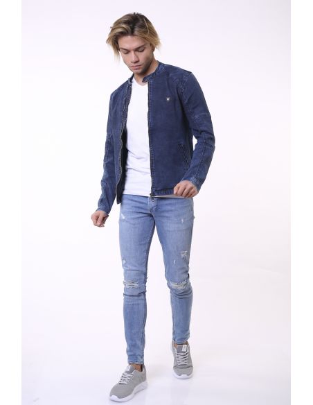 Veste en jean pour hommes à rayures et à épaulettes bleu marine