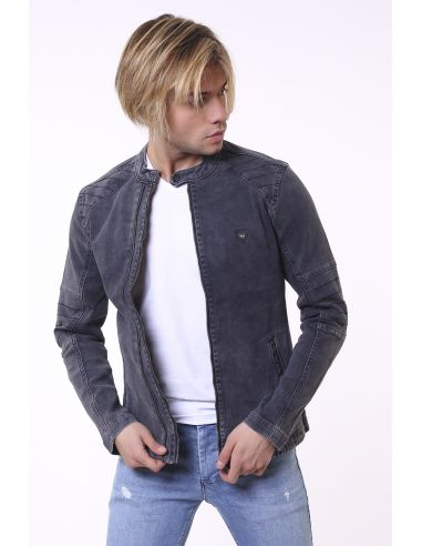 Double Zipper Black Mens Jeans Jacket With Shoulder Stripes