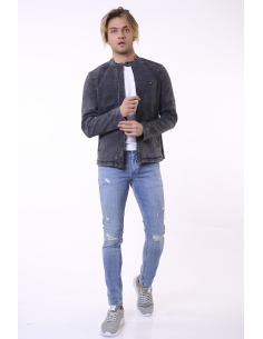 Double Zipper Black Mens Jeans Jacket With Shoulder Stripes 2