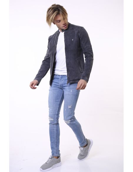 Double Zipper Black Jeans Jacket Avec Bandes D'épaule