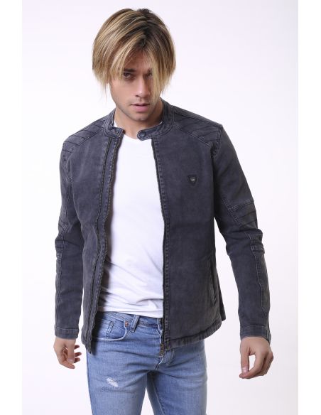 Double Zipper Black Mens Jeans Jacket With Shoulder Stripes