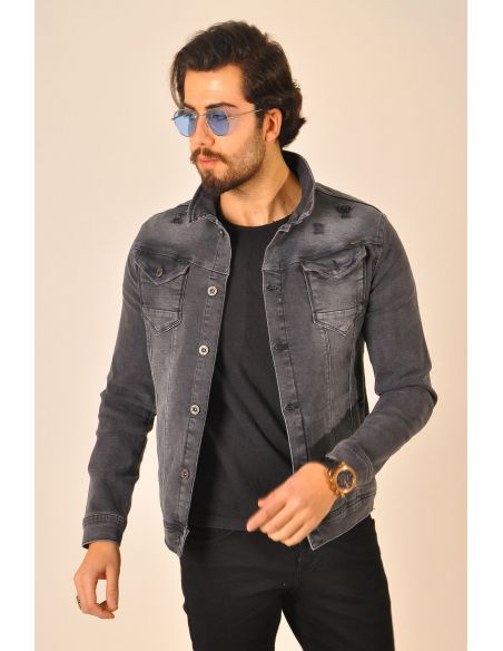 Gray Mens Jeans Jacket with Shoulder Detail Button