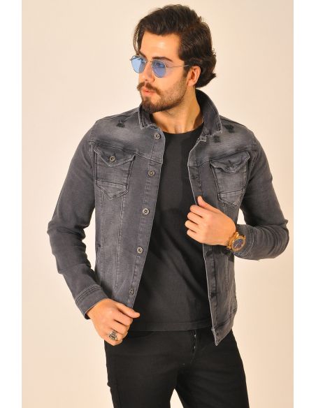 Gray Mens Jeans Jacket with Shoulder Detail Button