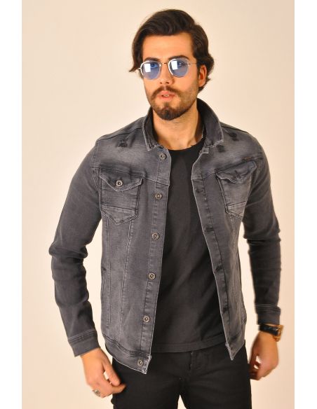 Gray Mens Jeans Jacket with Shoulder Detail Button