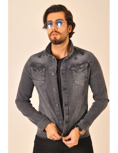 Gray Mens Jeans Jacket with Shoulder Detail Button