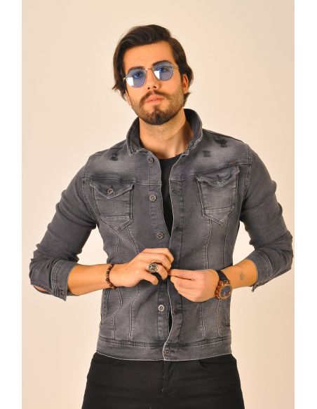 Gray Mens Jeans Jacket with Shoulder Detail Button