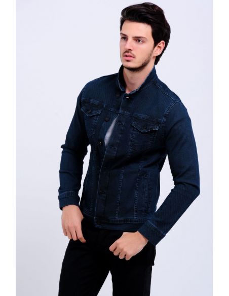 Honeycomb Texture Double Pocket Dark Navy Blue Men Jeans Jacket