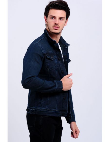 Honeycomb Texture Double Pocket Dark Navy Blue Men Jeans Jacket