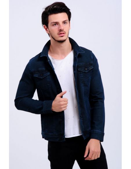 Honeycomb Texture Double Pocket Dark Navy Blue Men Jeans Jacket