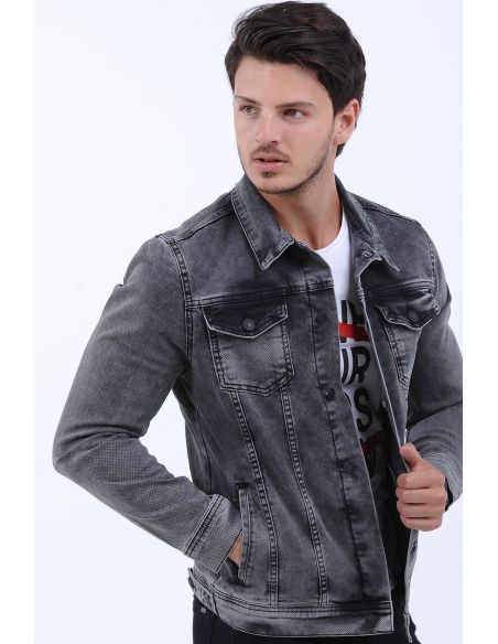 Honeycomb Texture Washed Black Mens Jeans Jacket