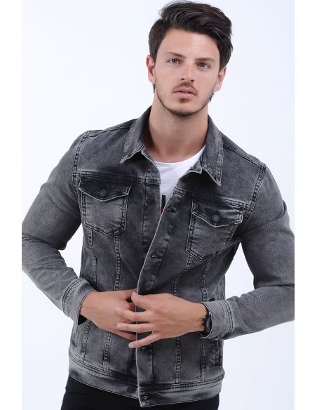 Honeycomb Texture Washed Black Mens Jeans Jacket