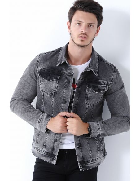 Honeycomb Texture Washed Black Mens Jeans Jacket