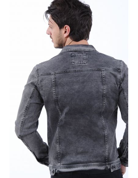 Honeycomb Texture Washed Black Mens Jeans Jacket