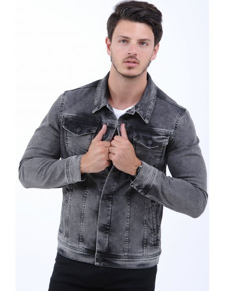 Honeycomb Texture Washed Black Mens Jeans Jacket