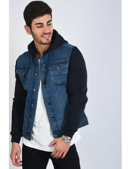 Fleece Sleeve Navy Blue Men's Jeans Jacket