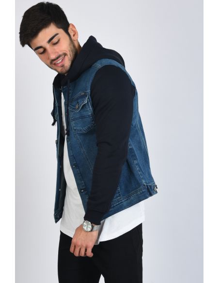 Fleece Sleeve Navy Blue Men's Jeans Jacket