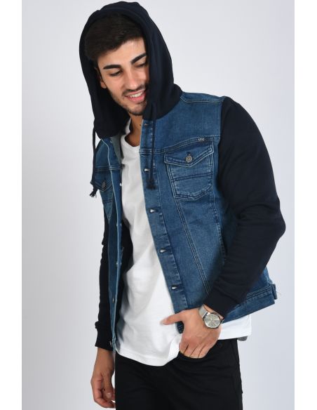 Fleece Sleeve Navy Blue Men's Jeans Jacket