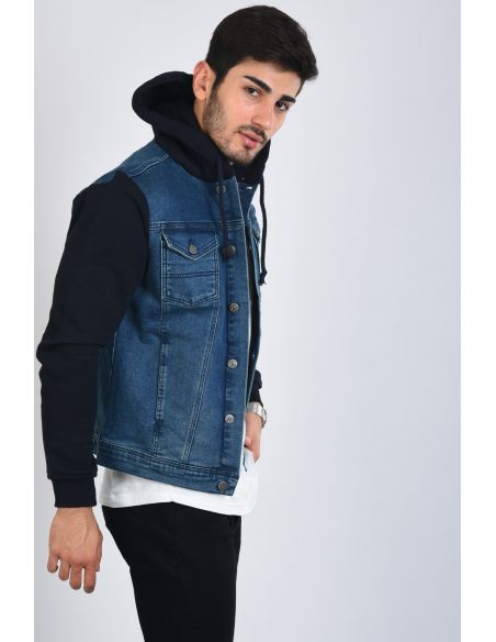 Fleece Sleeve Navy Blue Men's Jeans Jacket