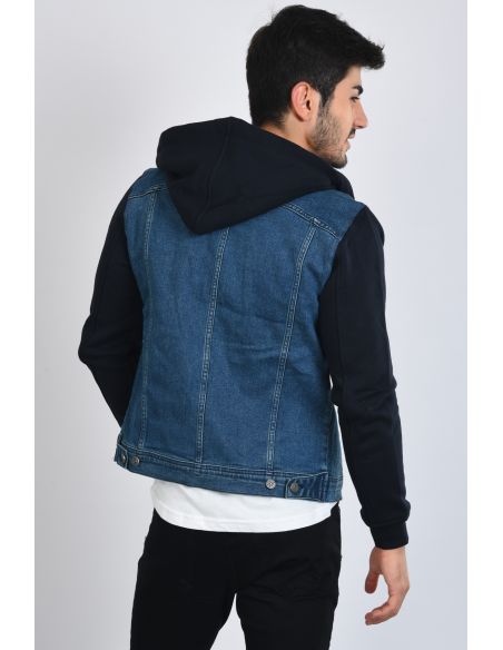 Fleece Sleeve Navy Blue Men's Jeans Jacket