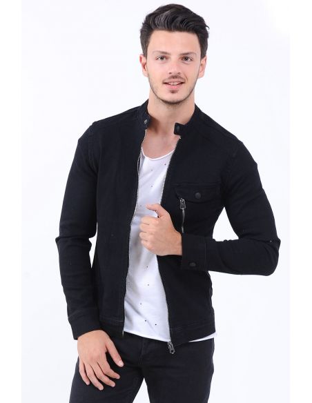 Single Zipper Pocket Men Jeans Jacket Black