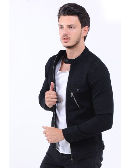 Single Zipper Pocket Men Jeans Jacket Black