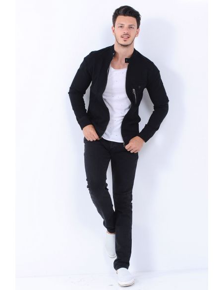 Single Zipper Pocket Men Jeans Jacket Black