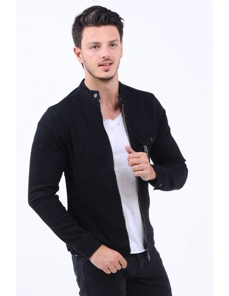 Single Zipper Pocket Men Jeans Jacket Black