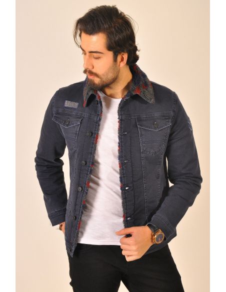 Collared Red Dotted Smoked Mens Jeans Jacket