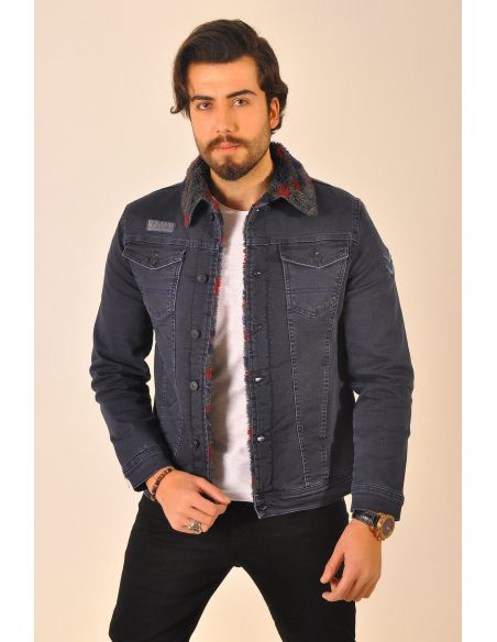 Collared Red Dotted Smoked Mens Jeans Jacket