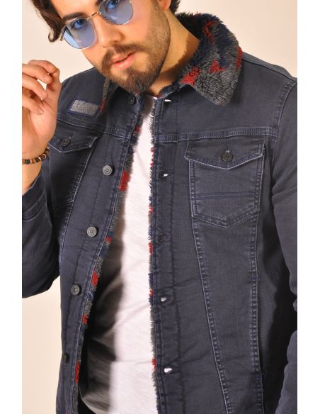 Collared Red Dotted Smoked Mens Jeans Jacket