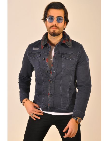 Collared Red Dotted Smoked Mens Jeans Jacket