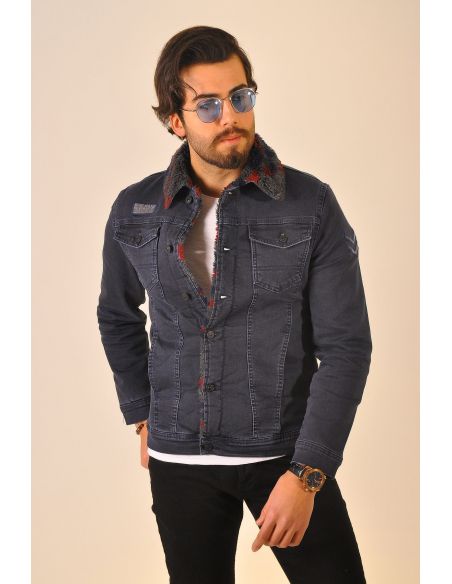 Collared Red Dotted Smoked Mens Jeans Jacket