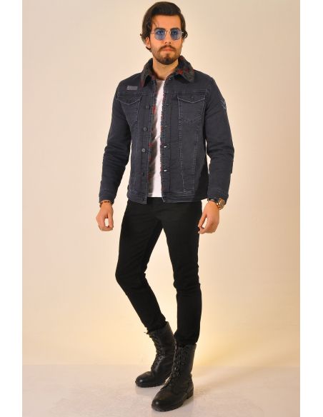 Collared Red Dotted Smoked Mens Jeans Jacket