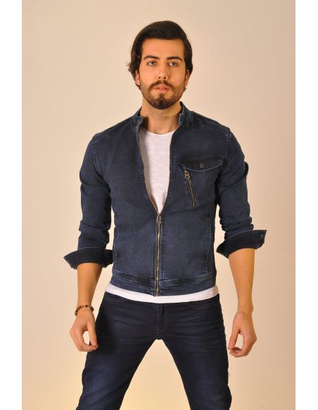 Veste en jean bleu marine pour hommes avec poches latérales