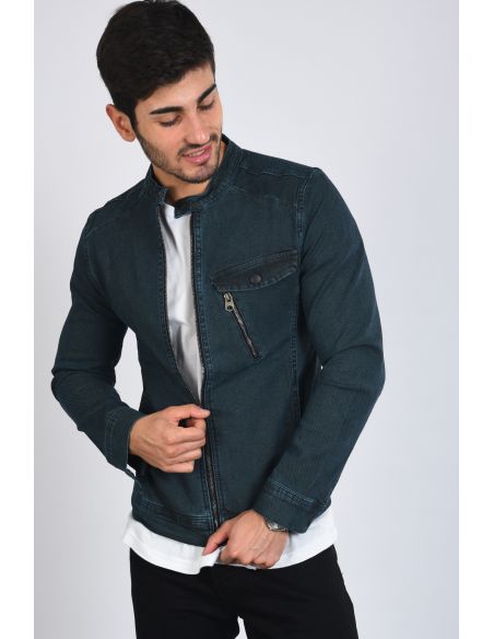 Green Zippered Men's Jeans Jacket