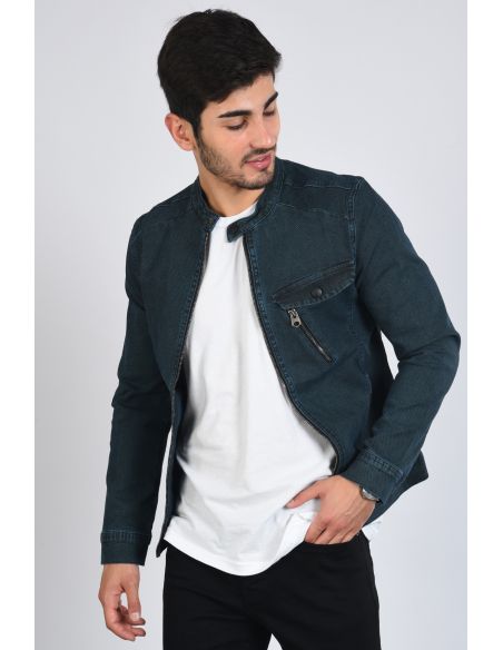 Green Zippered Men's Jeans Jacket