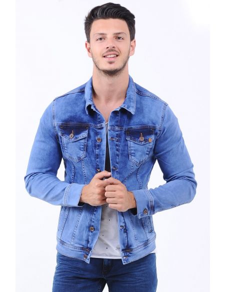 Washed Double Pocket Light Blue Mens Jeans Jacket