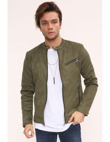 Zipper Detail Khaki Suede Mens Jacket