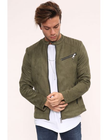 Zipper Detail Khaki Suede Mens Jacket