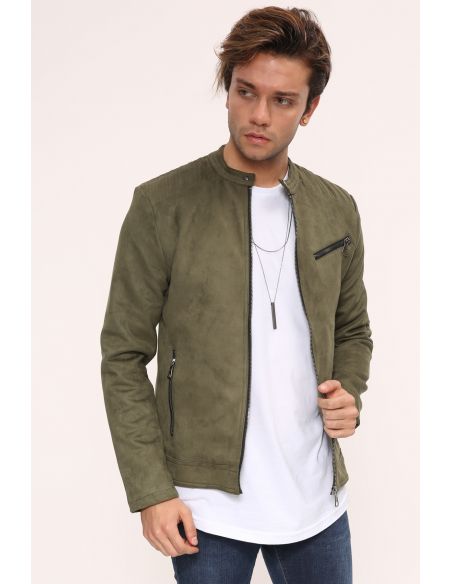 Zipper Detail Khaki Suede Mens Jacket