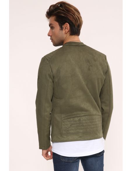 Zipper Detail Khaki Suede Mens Jacket