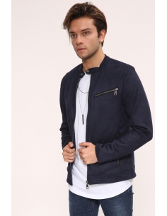 Zipper Detail Navy Blue Suede Men's Jacket 2