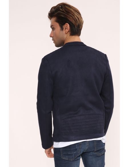 Zipper Detail Navy Blue Suede Men's Jacket